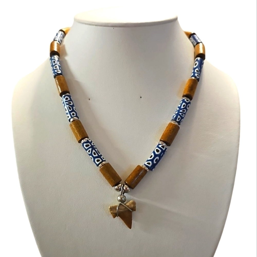Handcrafted Blue and Brown Clay Beaded Necklace with Shark Tooth Pendant